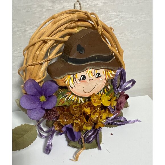 Handcrafted Scarecrow Wreath With Fabric Flowers & Rattan Accents 4 Inches - Picture 3 of 4